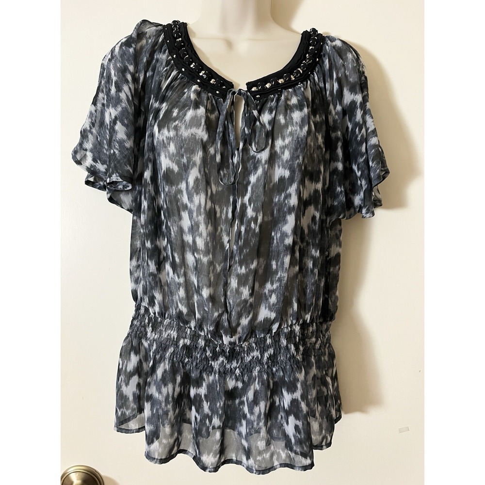 Michael Kors Top Sz M Blue Gray Animal print Sheer Flutter Sleeve Beaded